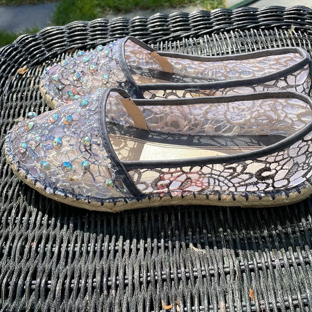 Navy Embellished Sequin Mesh Espadrilles Sz 8